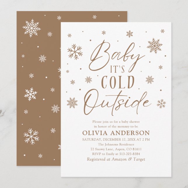 Brown Snowflake Baby It's Cold Outside Baby Shower Invitation (Front/Back)
