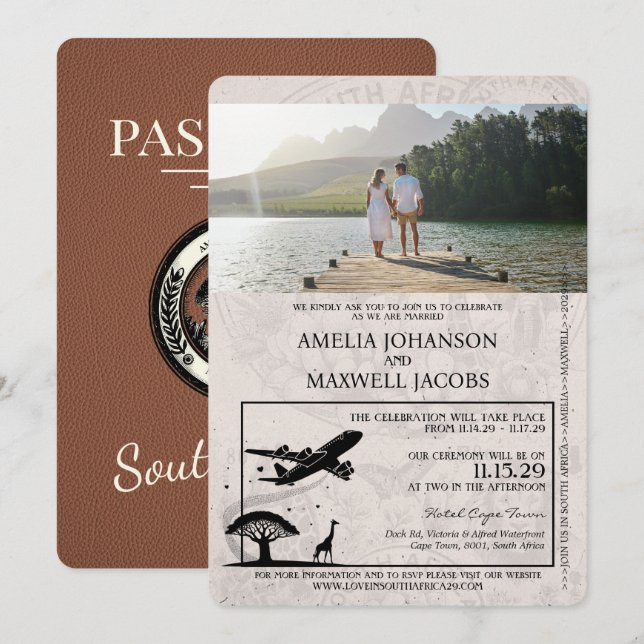 Brown South Africa Passport Wedding Invitation (Front/Back)