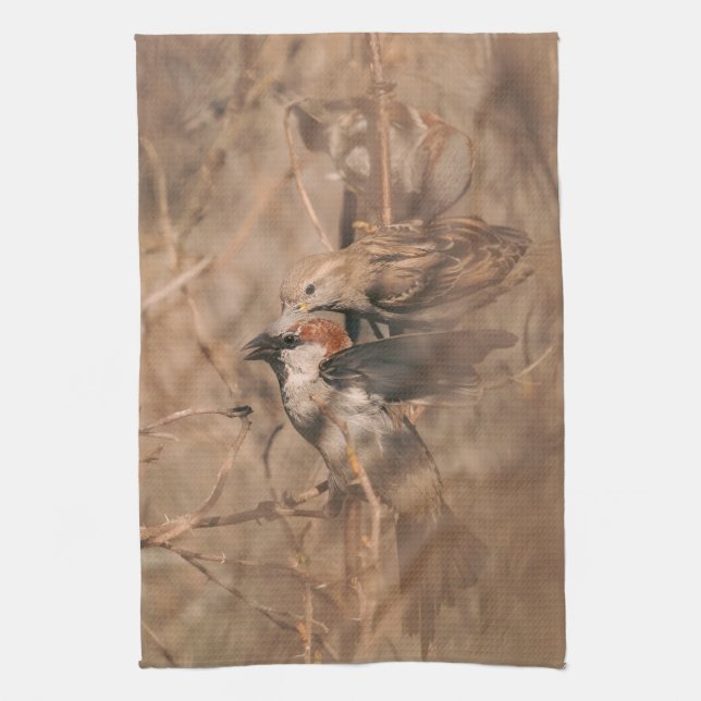 Brown Sparrow Birds Rustic Nature Photography Tea Towel (Vertical)