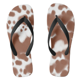 Brown spotted cow hide flip flops