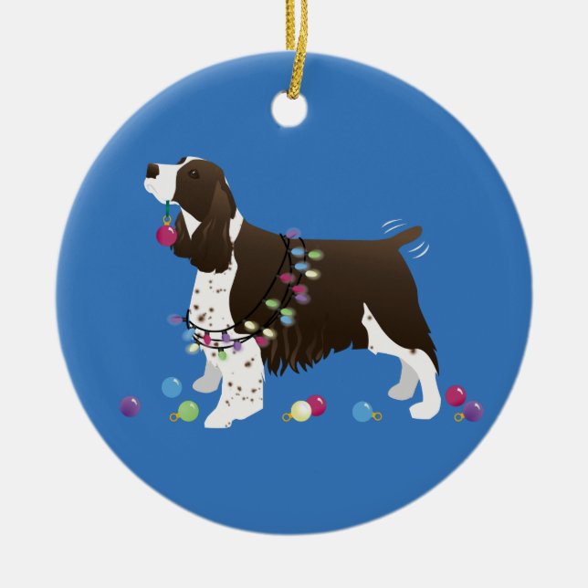 Brown Springer Spaniel Christmas Illustration Ceramic Tree Decoration (Front)