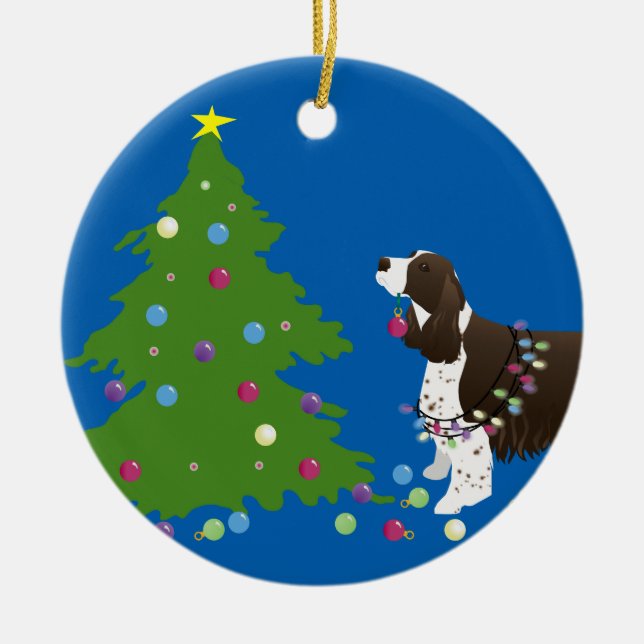 Brown Springer Spaniel Christmas Illustration Ceramic Tree Decoration (Front)