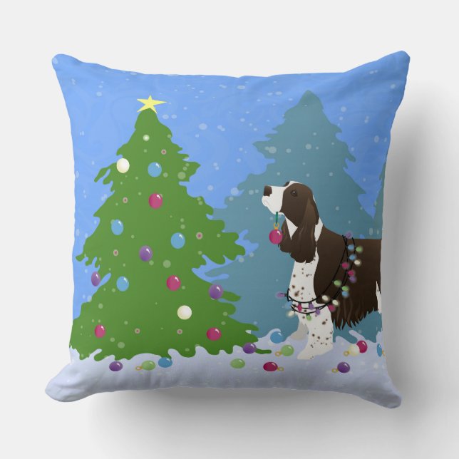 Brown Springer Spaniel Decorating Christmas Tree Cushion (Front)