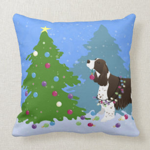 Brown Springer Spaniel Decorating Christmas Tree Cushion