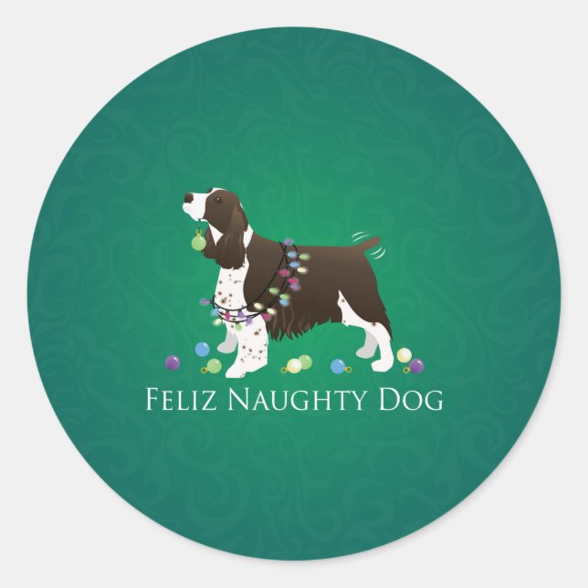 Brown Springer Spaniel Dog Feliz Naughty Dog Classic Round Sticker (Front)