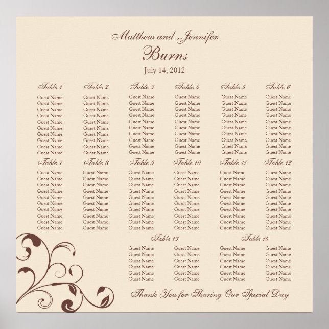Brown Square Wedding Reception Seating Chart (Front)