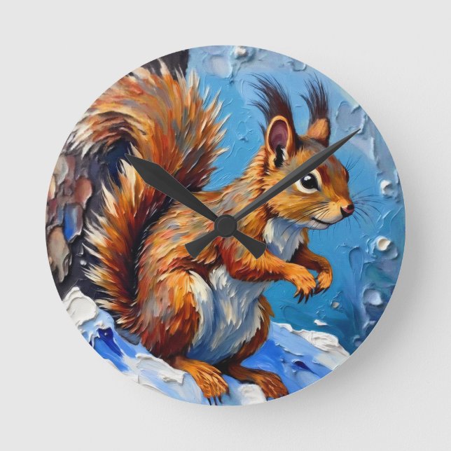 Brown Squirrel in the Snow Round Clock (Front)