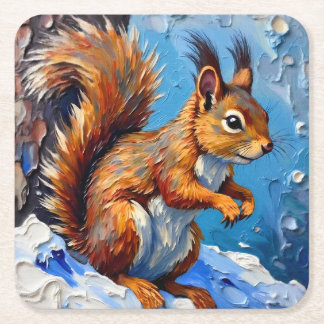 Brown Squirrel in the Snow Square Paper Coaster