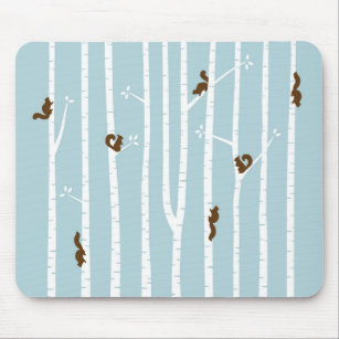 Brown Squirrels Climbing Birch Trees on Blue Mouse Mat