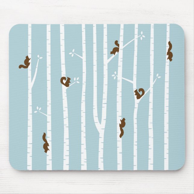 Brown Squirrels Climbing Birch Trees on Blue Mouse Mat (Front)