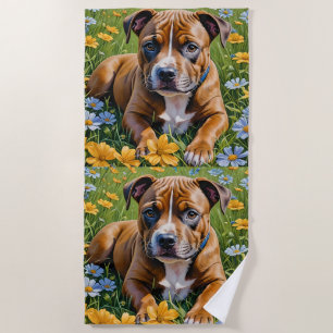 Brown Staffordshire Bull Terrier Puppy Acryli Art, Beach Towel