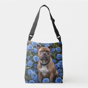 Brown Staffy In Blue Rose Garden, Crossbody Bag