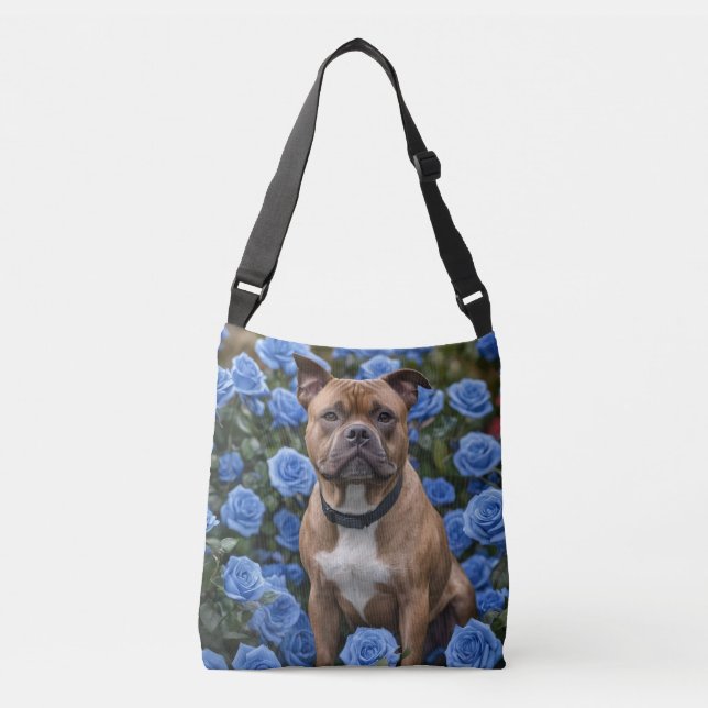 Brown Staffy In Blue Rose Garden, Crossbody Bag (Front)