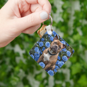 Brown Staffy In Blue Rose Garden, Key Ring