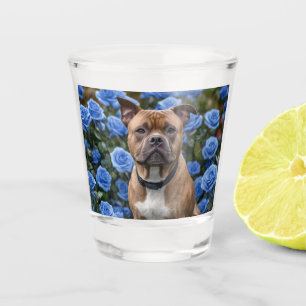 Brown Staffy In Blue Rose Garden, Shot Glass