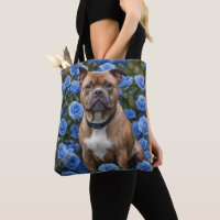 Brown Staffy In Blue Rose Garden,