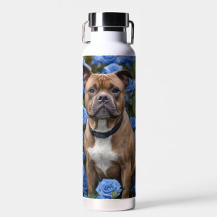 Brown Staffy In Blue Rose Garden, Water Bottle