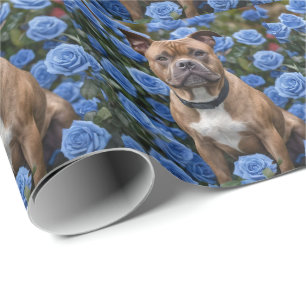 Brown Staffy In Blue Rose Garden, Wrapping Paper
