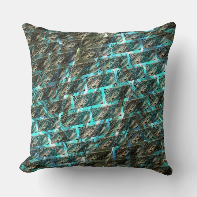 Brown stained scrath, cyanish grid or brick style cushion (Front)