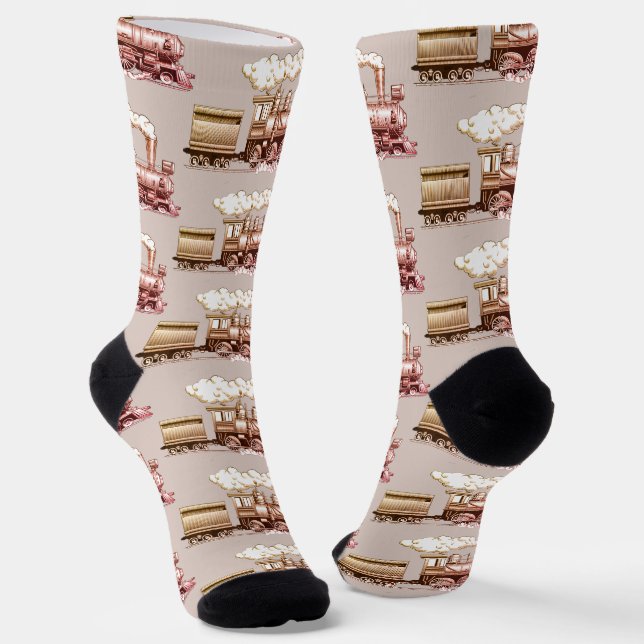 Brown Steam Engine Locomotive Train on Beige       Socks (Angled)