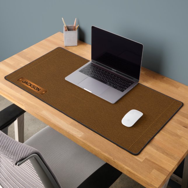 Brown Stitch Faux Leather - Personalise Desk Mat (Office 2)