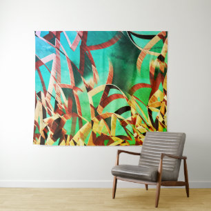 Brown streaks over rustic green and aquamarine tapestry