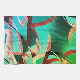Brown streaks over rustic green and aquamarine tea towel