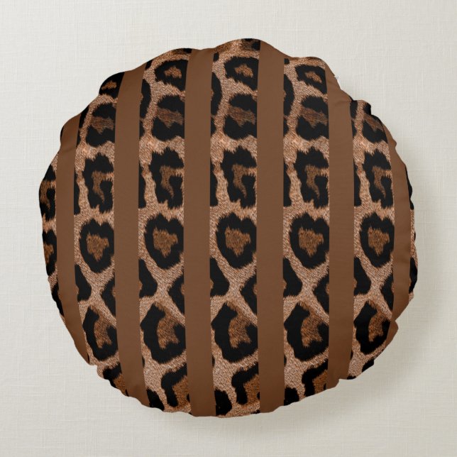 Brown Striped Leopard Print Round Throw Pillow (Back)