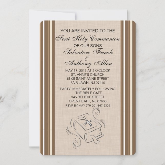 Brown Striped Twins Communion Bible Invittaion Invitation (Front)