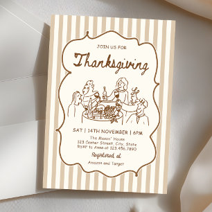 Brown Stripes Hand Drawn Thanksgiving Dinner Party Invitation