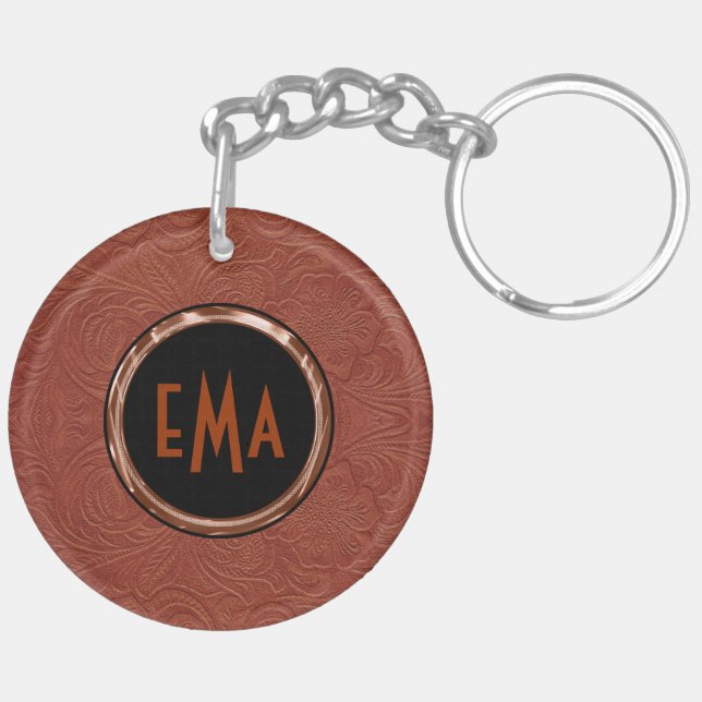Brown Suede Leather Floral Design Key Ring (Back Left)