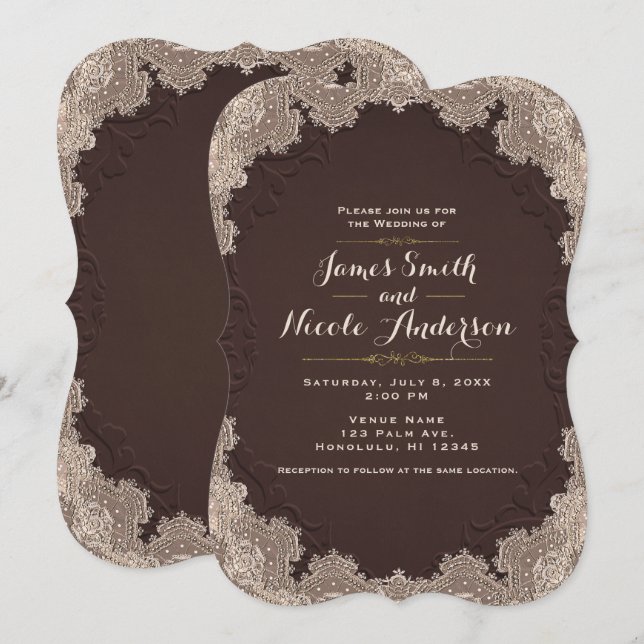 Brown Suede Leather Vintage Lace Western Wedding Invitation (Front/Back)