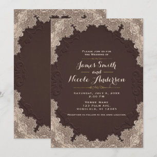Brown Suede Leather Vintage Lace Western Wedding Invitation