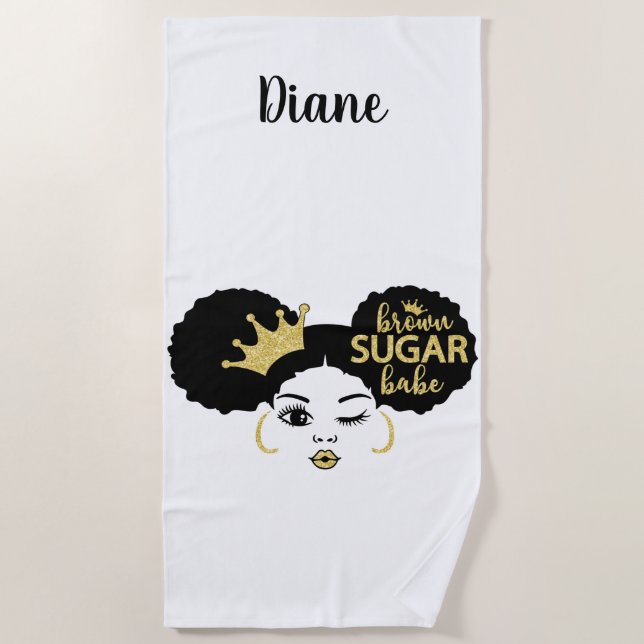 Brown Sugar Babe in Black and Gold Beach Towel (Front)