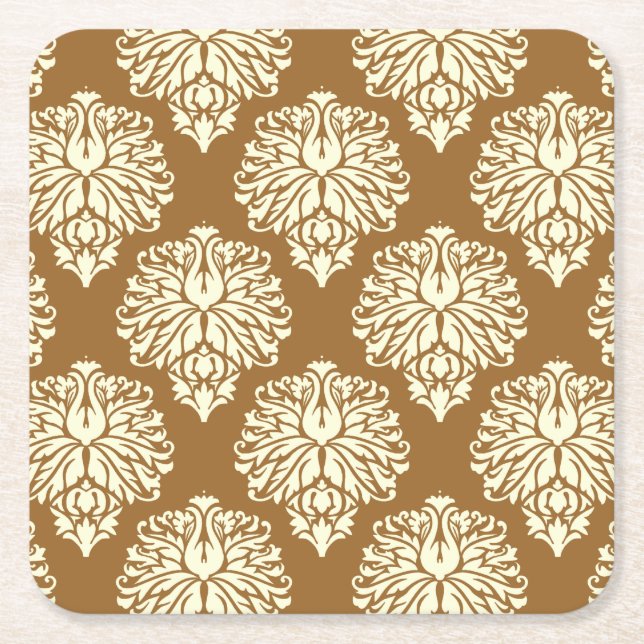 Brown Sugar Southern Cottage Damask Square Paper Coaster (Front)