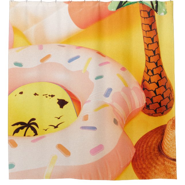 Brown sun hat near floater shower curtain (Front)