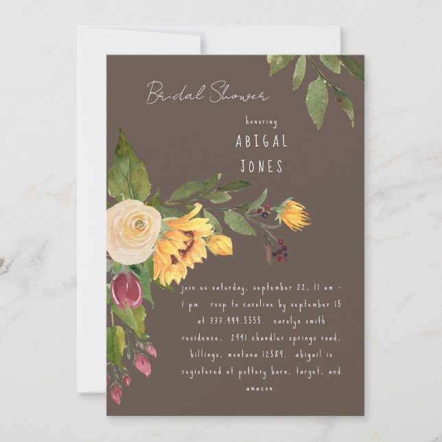 Brown Sunflowers in Bloom Bridal Shower  Invitation (Front)