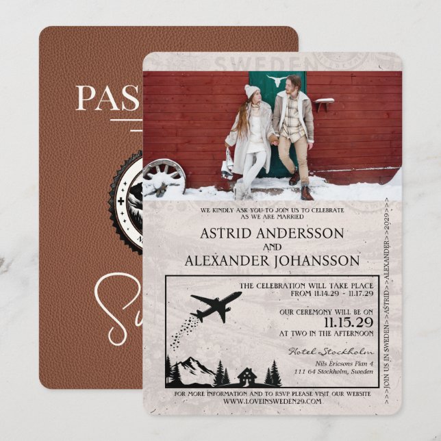 Brown Sweden Passport Wedding Invitation (Front/Back)