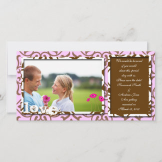 Brown Swirl Damask & Gerbers on Blue Save The Date