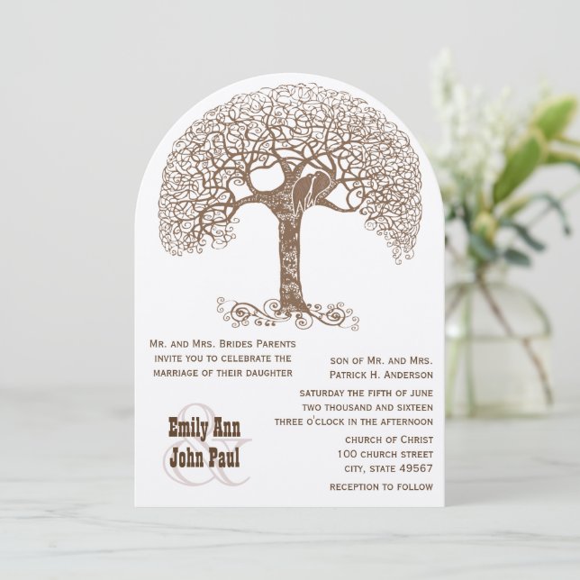 Brown Swirl Rustic Tree Love Bird Woodland Wedding Invitation (Standing Front)