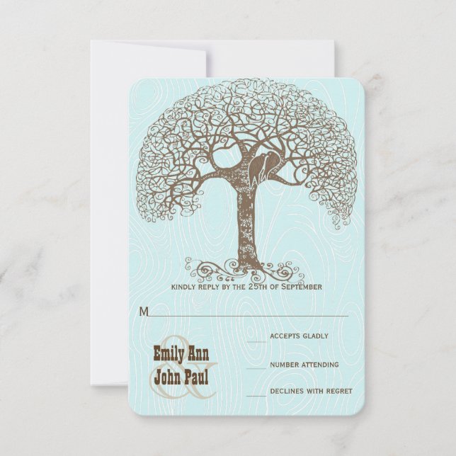 Brown Swirl Tree Aqua Woodgrain Wedding RSVP (Front)