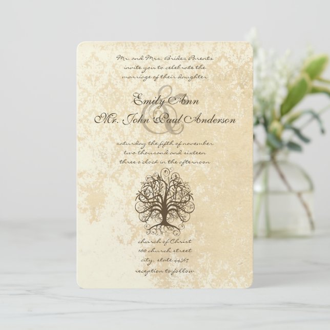 Brown Swirl Tree Distressed Damask Invitation (Standing Front)