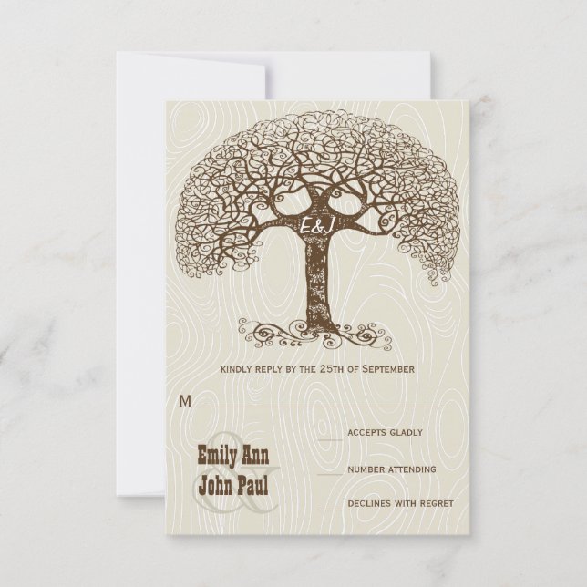Brown Swirl Tree Ivory Woodgrain Wedding RSVP Invitation (Front)