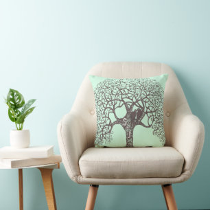 Brown Swirl Tree Love Bird-choose background colou Cushion