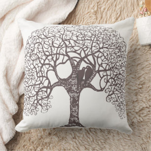 Brown Swirl Tree Love Bird choose background colou Cushion