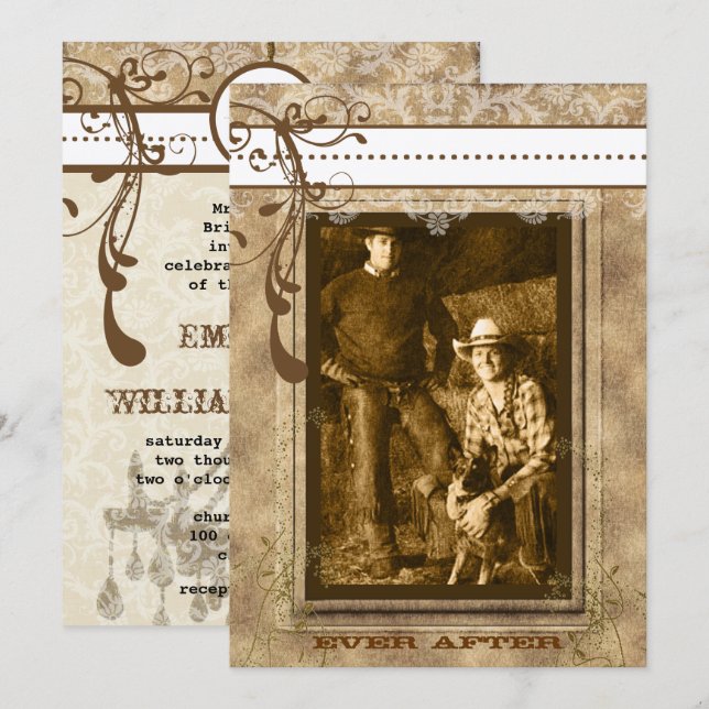 Brown Swirl Vintage Chandelier  Damask Your Photo Invitation (Front/Back)