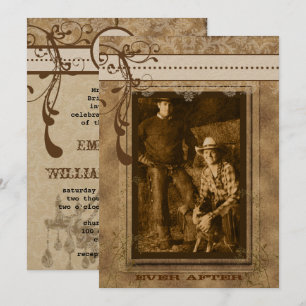 Brown Swirl Vintage Chandelier Damask Your Photo Invitation