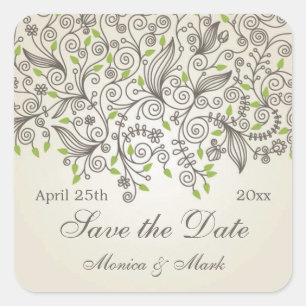 Brown swirls and green leaves Save the Date Square Sticker