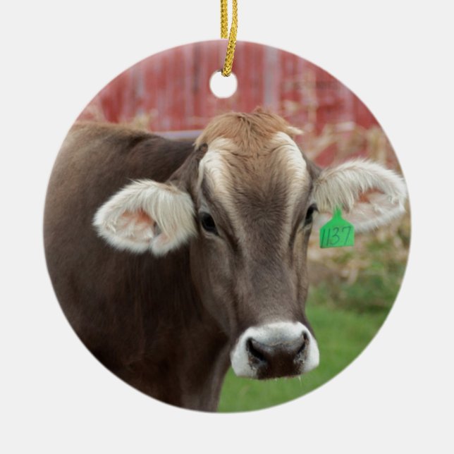 Brown Swiss Cow Ceramic Tree Decoration (Front)