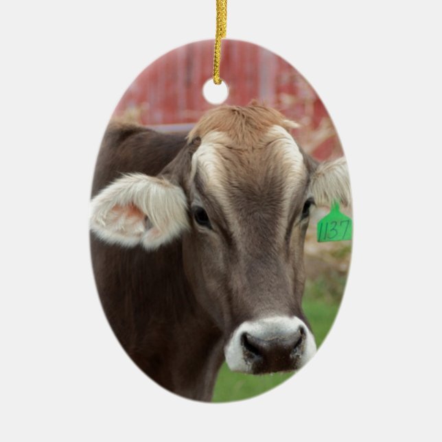Brown Swiss Cow Ceramic Tree Decoration (Front)